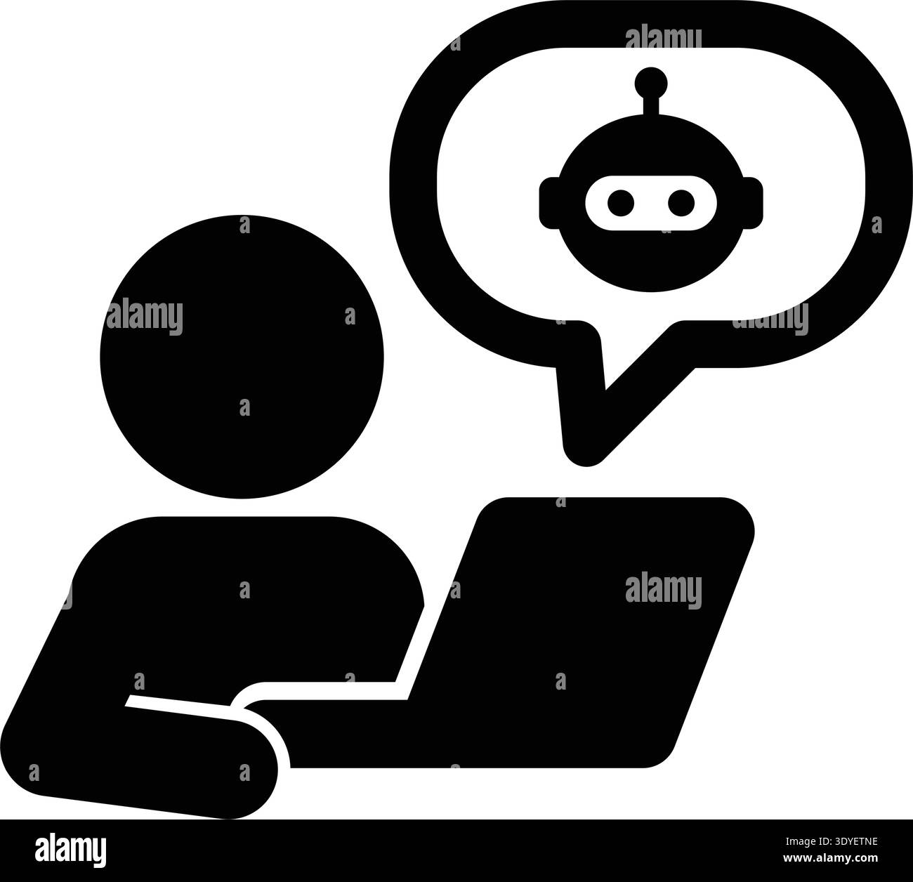 Humain utilisant le chat d'ordinateur portable avec ai robot icône vecteur ai Chatbot illustration symbole représentant la communication de l'assistant ai et l'aide de chatbot en ligne. Illustration de Vecteur