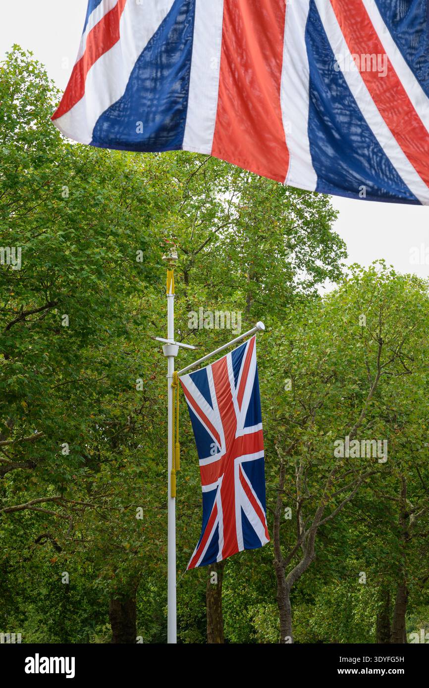 Drapeau de l'Union britannique suspendu à un poteau contre des arbres verts Banque D'Images