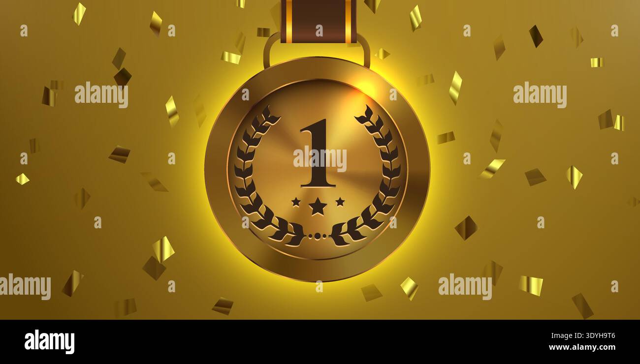 Médaille d'or pour la première place avec ruban et confettis. Un symbole brillant de victoire et de réussite. Illustration vectorielle. Illustration de Vecteur