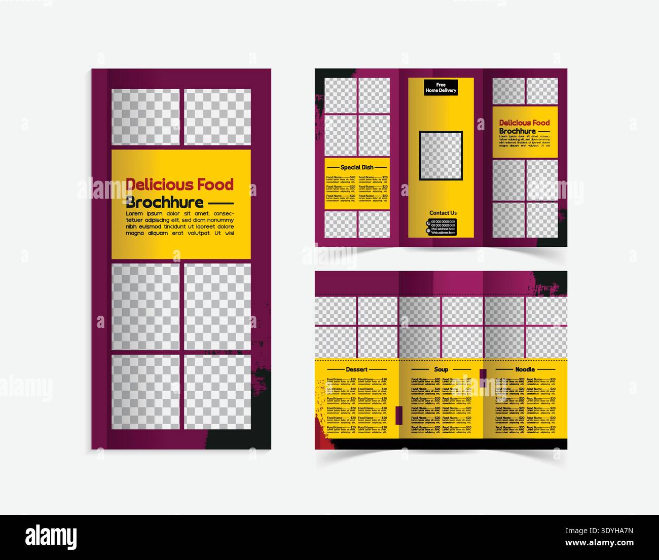 Modèle de brochure de menu alimentaire à trois volets en gras noir et jaune Illustration de Vecteur