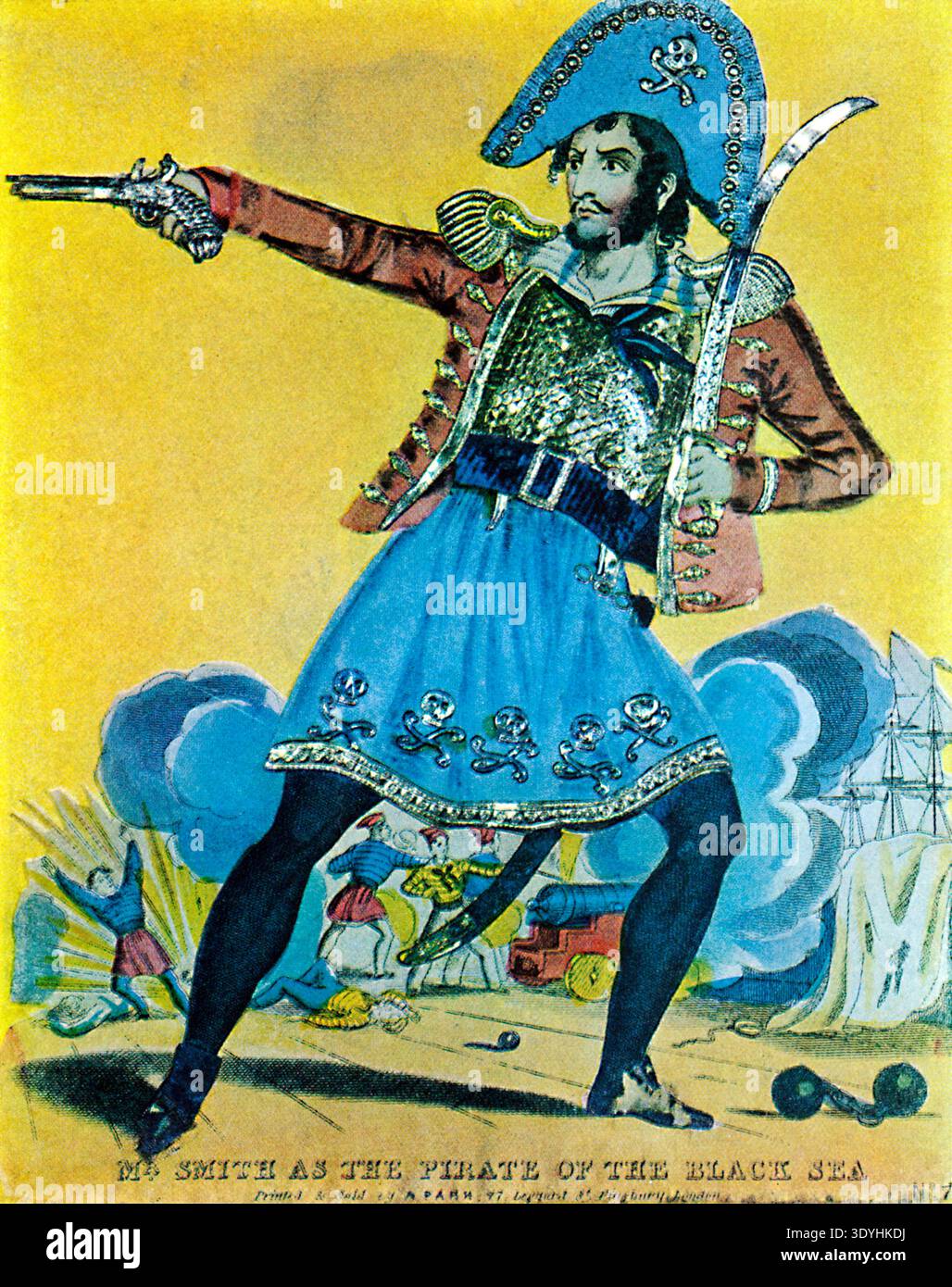 Le Pirate de la mer Noire, 1830 acteur anglais Richard John Smith dans une estampe souvenir théâtrale de lui en action sur le pont de son navire Banque D'Images