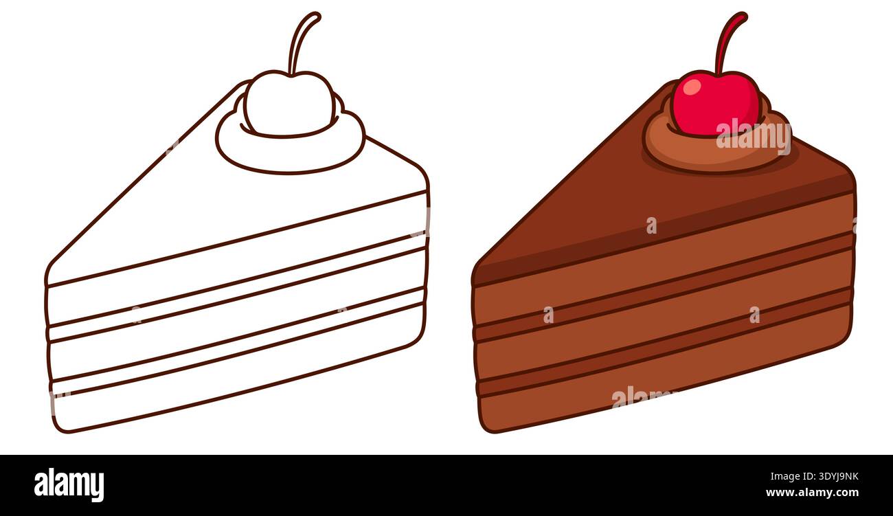 Morceau de gâteau au chocolat avec cerise au maraschino. Illustration vectorielle de tranche de gâteau dessinée à la main. Dessin en couleur et dessin au trait noir et blanc pour la coloration. Illustration de Vecteur