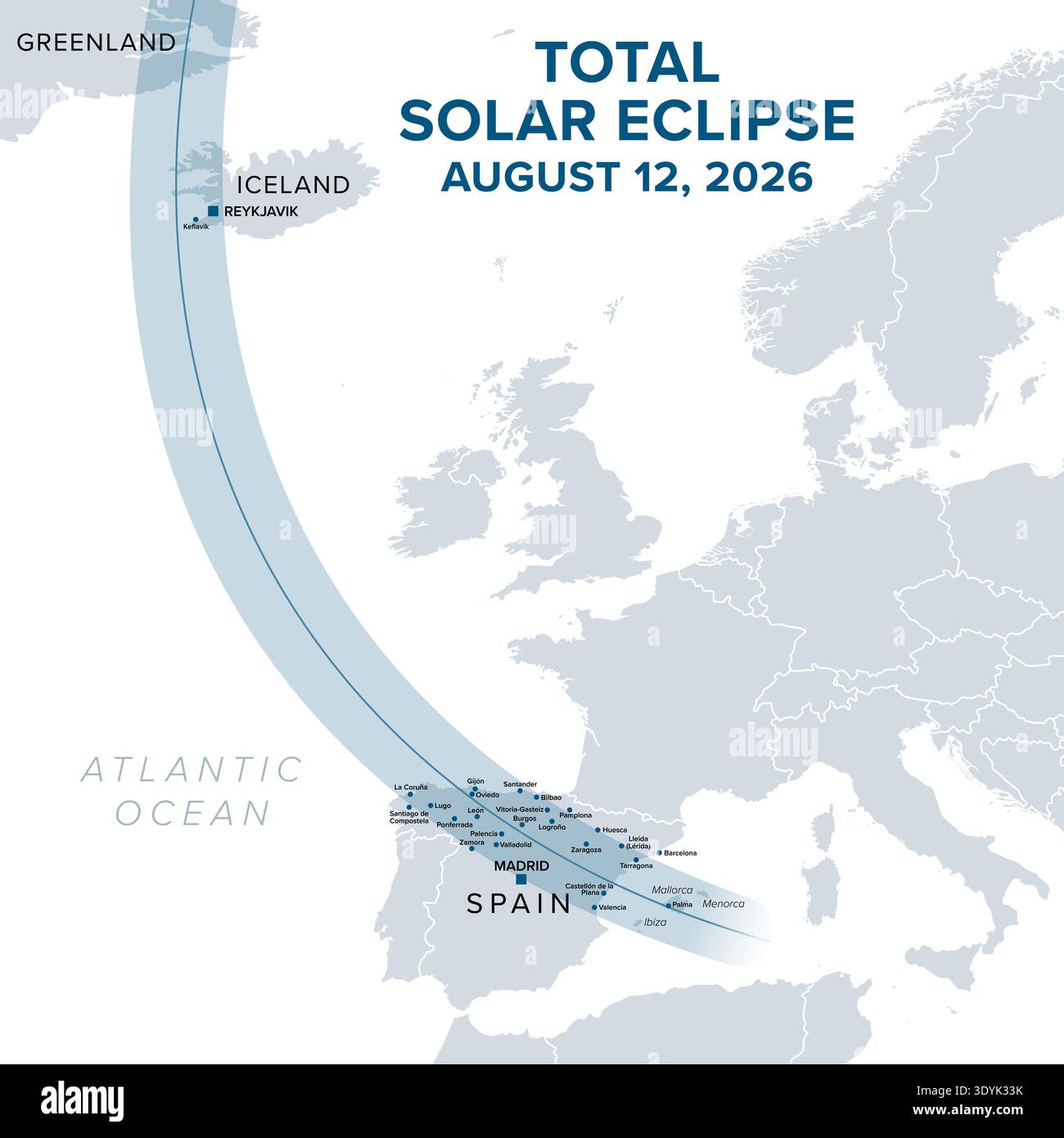 Éclipse solaire totale, 12 août 2026, carte politique, montrant le chemin de la totalité. Lune obscurcissant le soleil, traversant le Groenland, l'Islande et l'Espagne. Banque D'Images