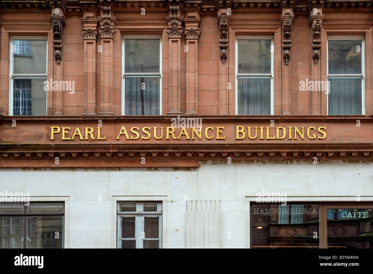 Pearl assurance Buildings signe sur une façade de bâtiment, Renfield Street, Glasgow, Écosse, Royaume-Uni Banque D'Images