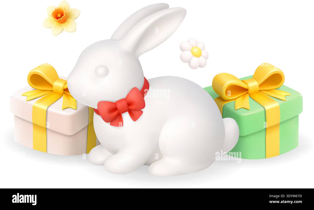 Lapin de Pâques avec boîtes cadeaux et fleurs. Illustration de vacances en 3D. Illustration de Vecteur