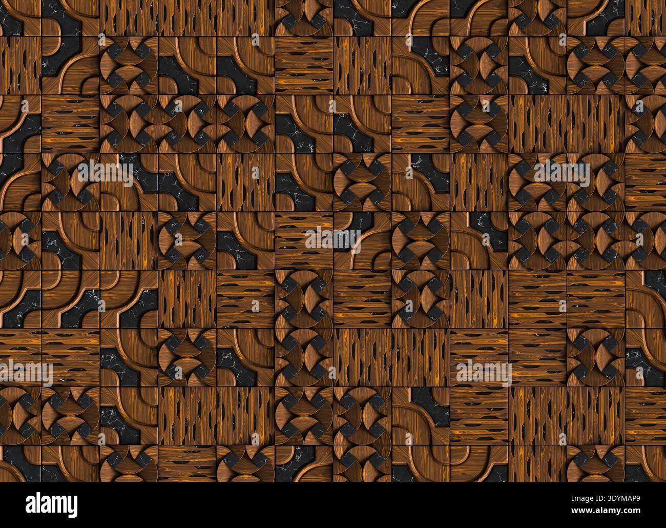 Surface décorative composée de carreaux carrés combinant bois naturel et éléments en marbre foncé. Banque D'Images