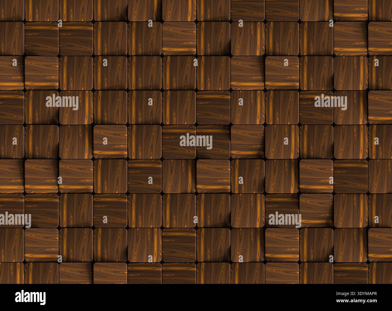 Surface décorative composée de carreaux carrés combinant bois naturel et éléments en marbre foncé. Banque D'Images