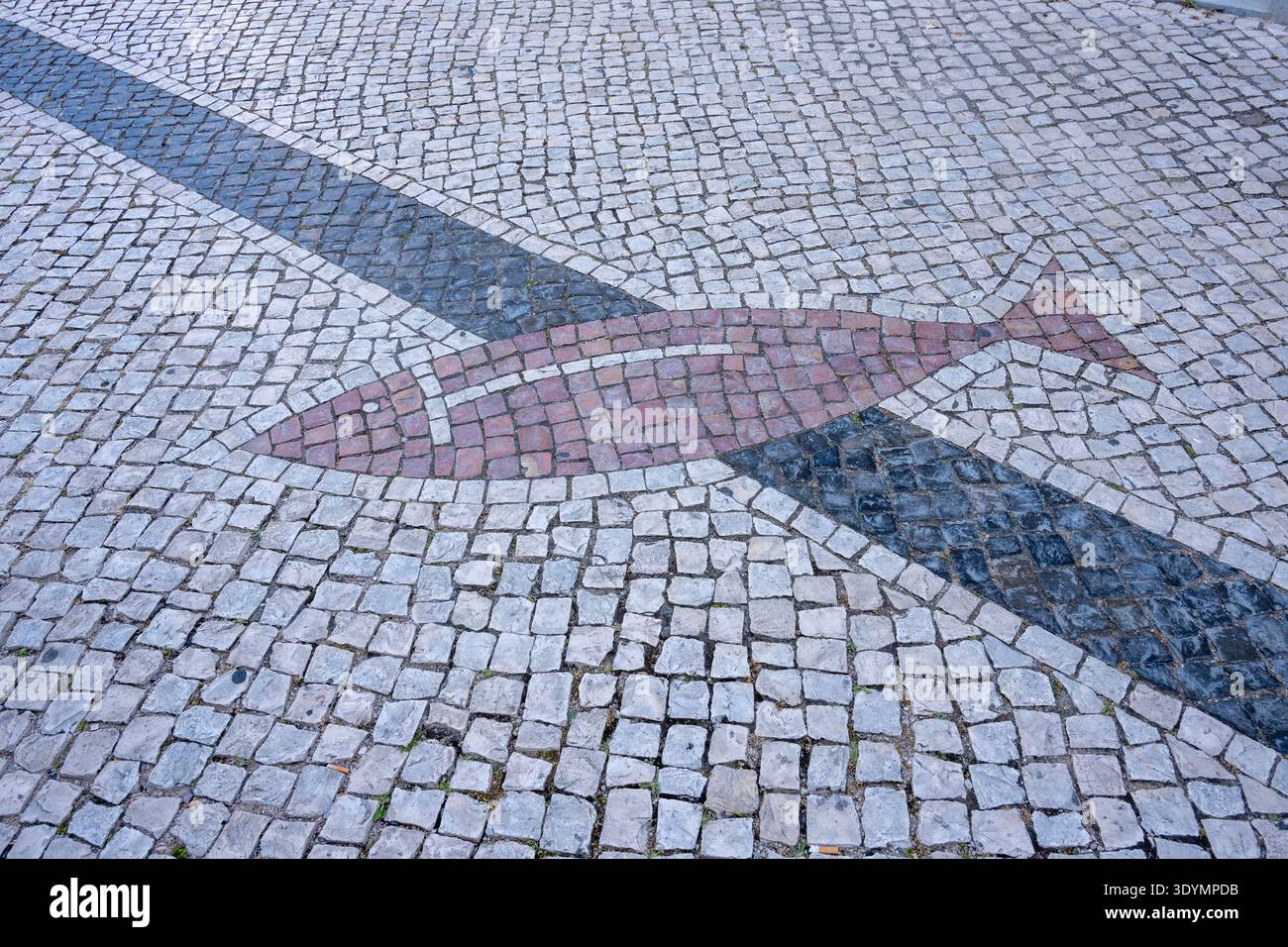 Pavé pavé à Faro, Portugal, orné d'un motif de poisson distinctif. Ce type de chaussée est connu sous le nom de 'Calçada Portuguesa', un P traditionnel Banque D'Images