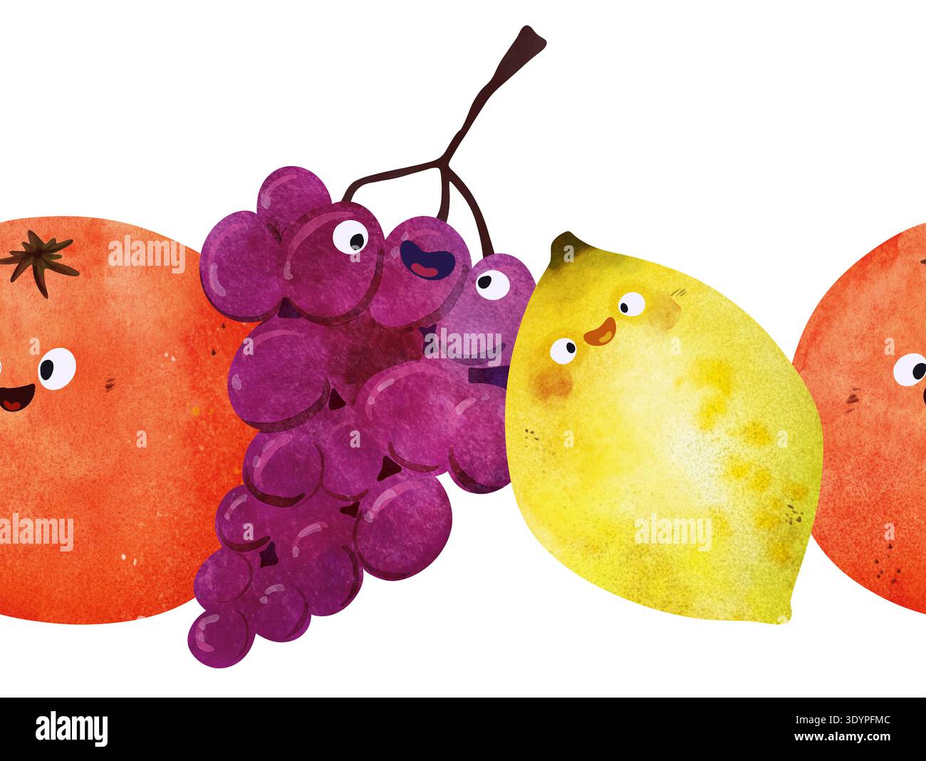 Motif sans couture avec des fruits tropicaux : raisins heureux, citron juteux, orange. Textures aquarelles lumineuses, visages ludiques. Parfait pour baby shower, été Banque D'Images