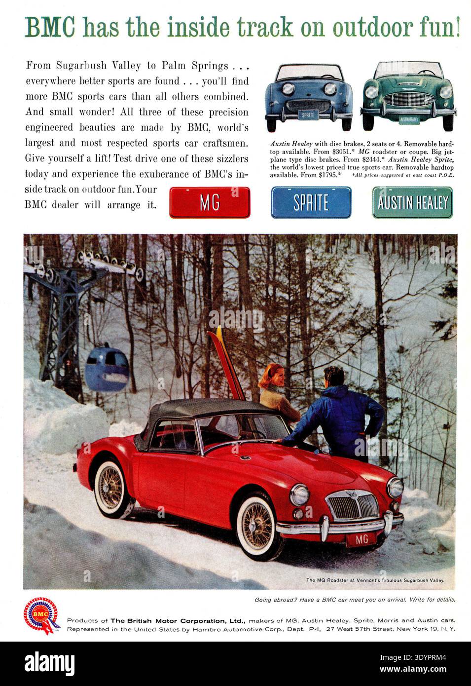 Une publicité vintage des années soixante MBC British Motor Corporation pour MG, Sprite et Austin Healey Sports Cars Banque D'Images