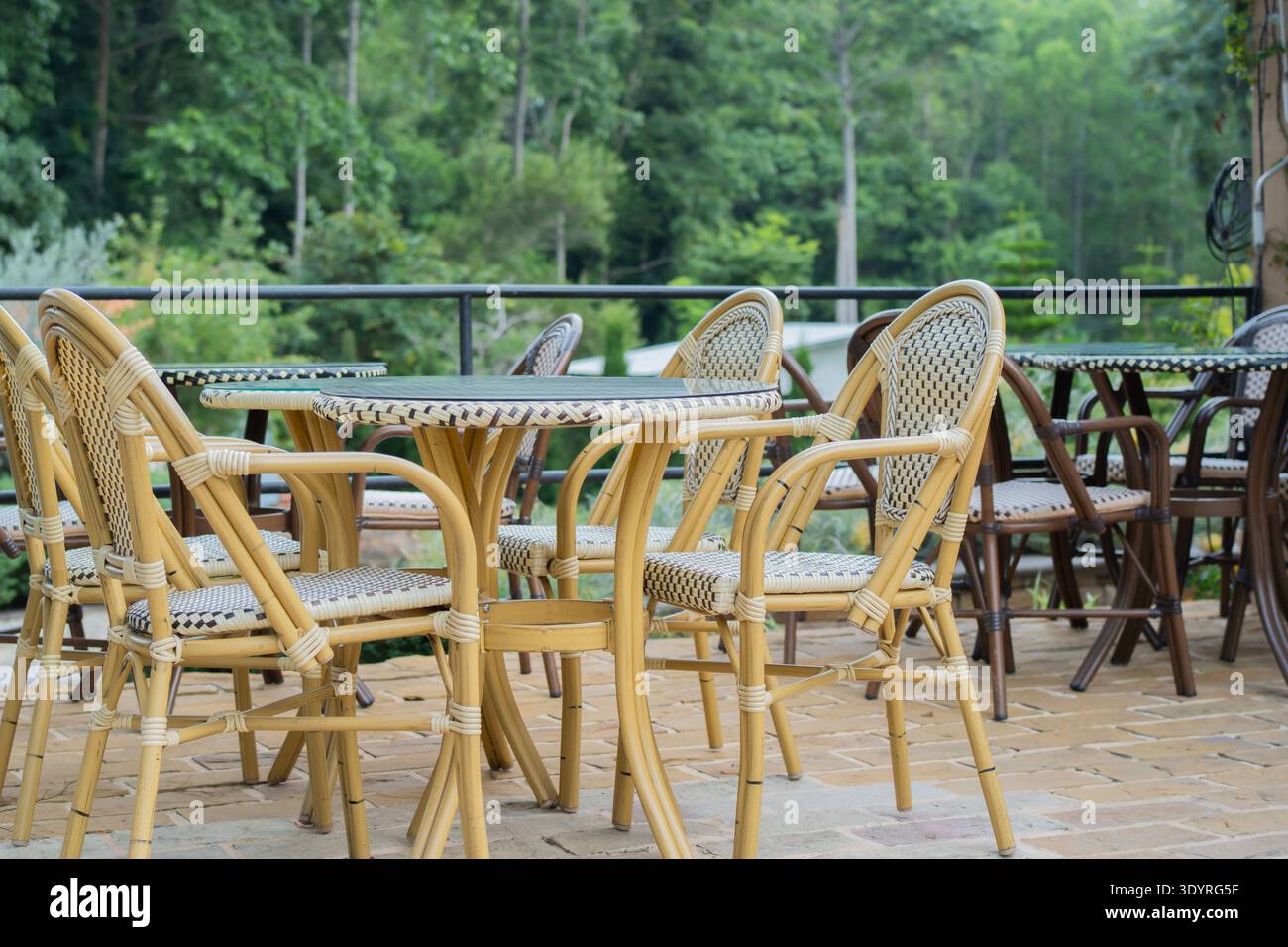 Salle à manger extérieure vide avec chaises en rotin entourées de verdure. Chaises et tables à l'extérieur. Banque D'Images