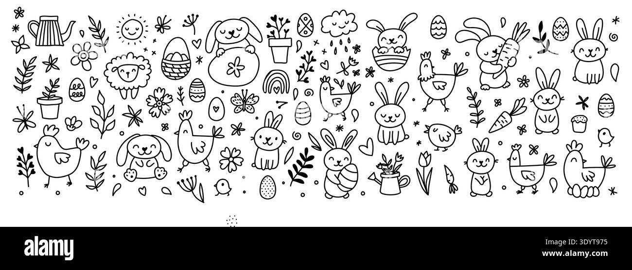 Icônes de doodle de Pâques avec œufs de printemps, lapins lapins, et illustrations de panier mignon. Éléments de croquis dessinés à la main avec des fleurs, des papillons et des décorations festives. Illustration de Vecteur
