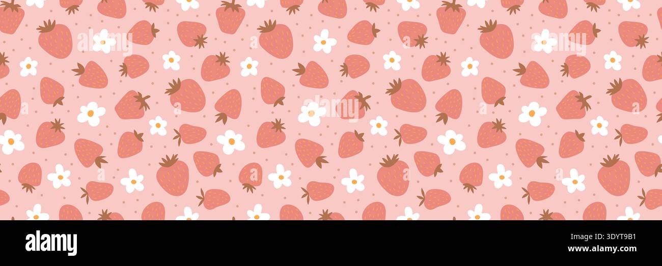 Fond de vecteur de fraise sans couture avec des baies et des fleurs dessinées à la main. Mignon imprimé d'été pour le tissu, les affiches, ou les projets de mode à la mode. Motif rose et rouge vif. Illustration de Vecteur