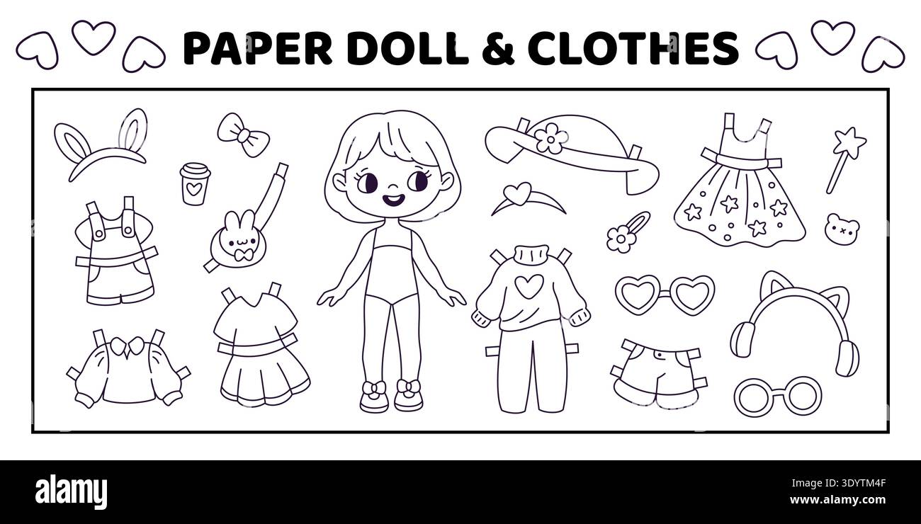 Coloriage avec poupée en papier. Colorier et habiller le jeu de fille, activité de créativité amusante pour enfants, personnage mignon avec différentes tenues, feuille de travail imprimable Illustration de Vecteur