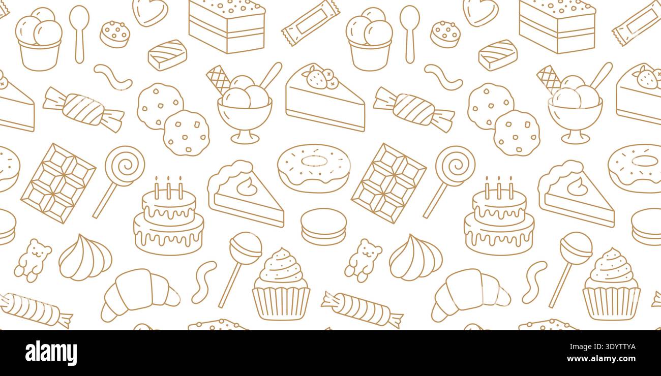 Modèle sans couture avec des griffonnages de nourriture sucrée dessinés à la main. Délicieux fond de boulangerie et dessert avec gâteau, crème glacée, beignet, chocolat, cupcake, cookie Illustration de Vecteur