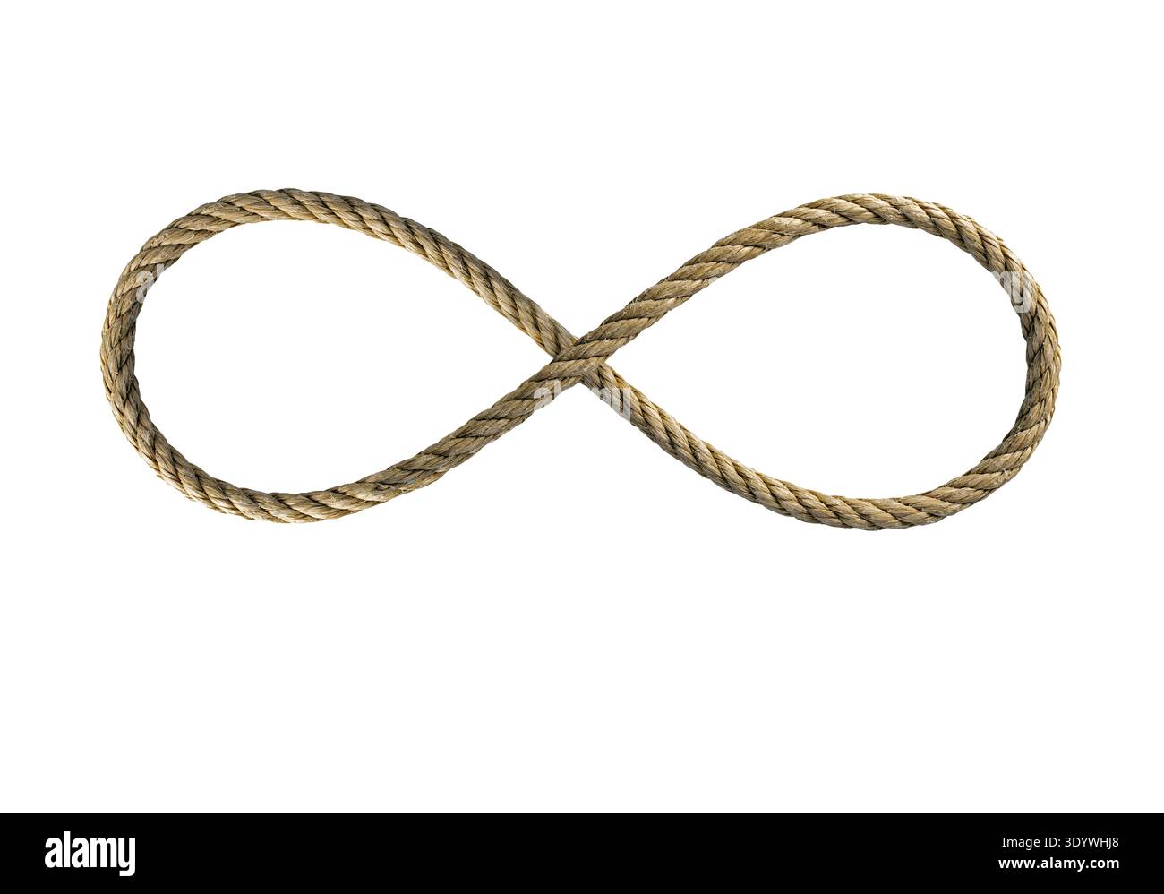 Capturée sur un fond blanc immaculé, cette image présente une corde naturelle méticuleusement torsadée formant une boucle infinie. Banque D'Images