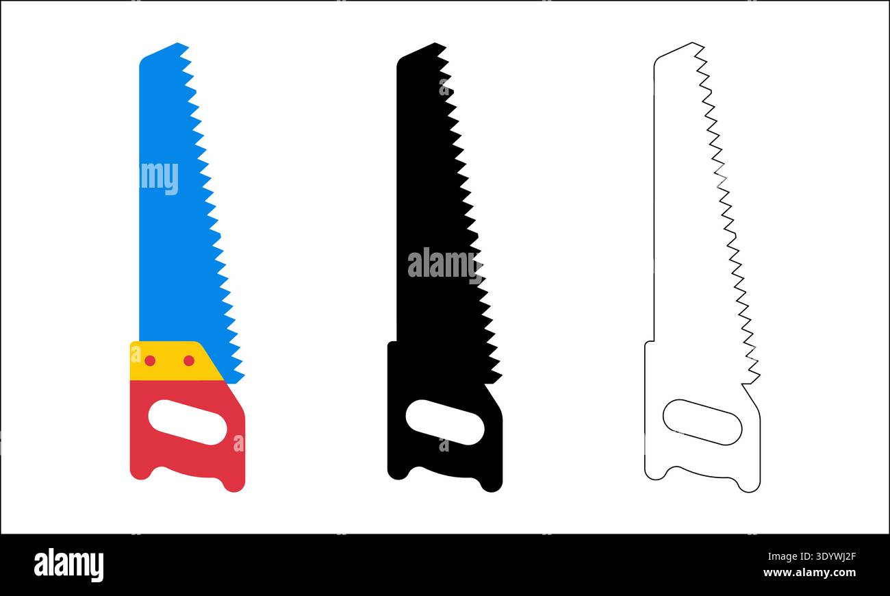 Cette collection comprend trois icônes de scie à main, y compris une version plate colorée, une silhouette noire unie et un style artistique au trait épuré. Illustration de Vecteur