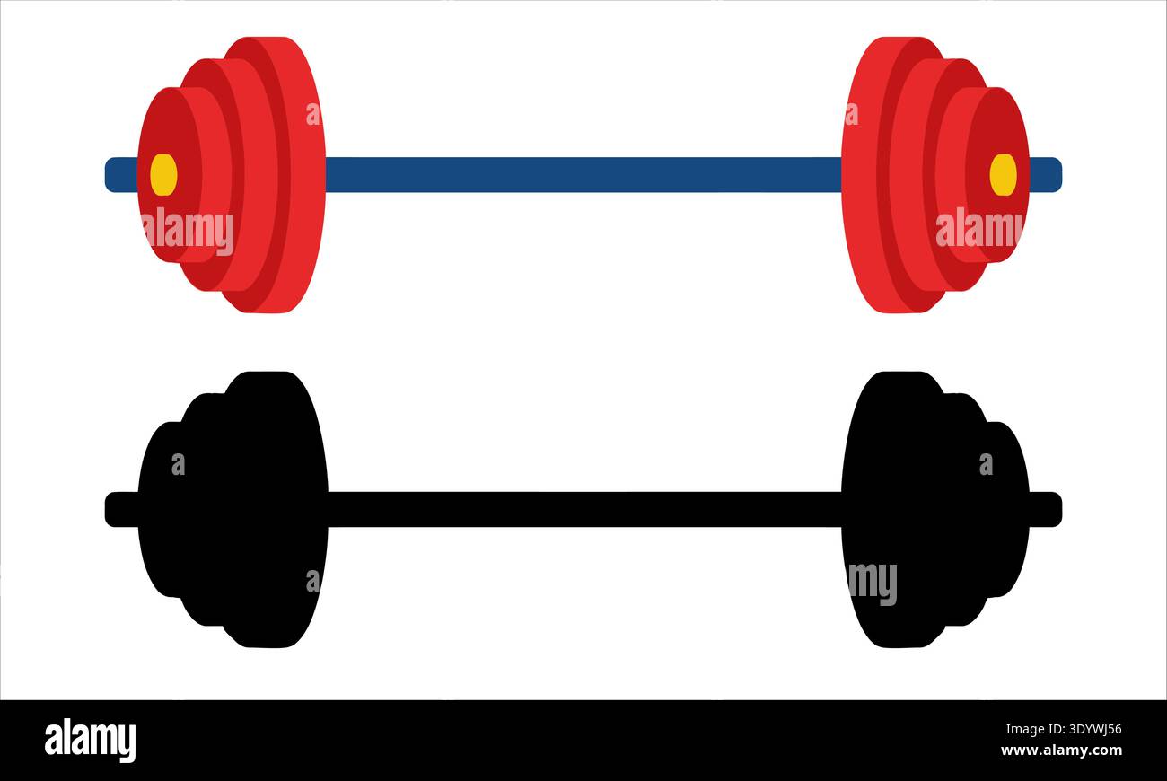 Un poids de barre rouge et bleu coloré repose au-dessus d'une version de silhouette noire solide sur un fond blanc. Ces icônes de fitness représentent la force Illustration de Vecteur