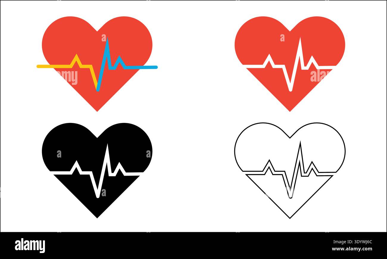 Une collection de quatre icônes de coeur avec une ligne d'impulsion d'électrocardiogramme. Cet ensemble comprend des versions rouges, noires et surlignées, parfaites pour le médical Illustration de Vecteur