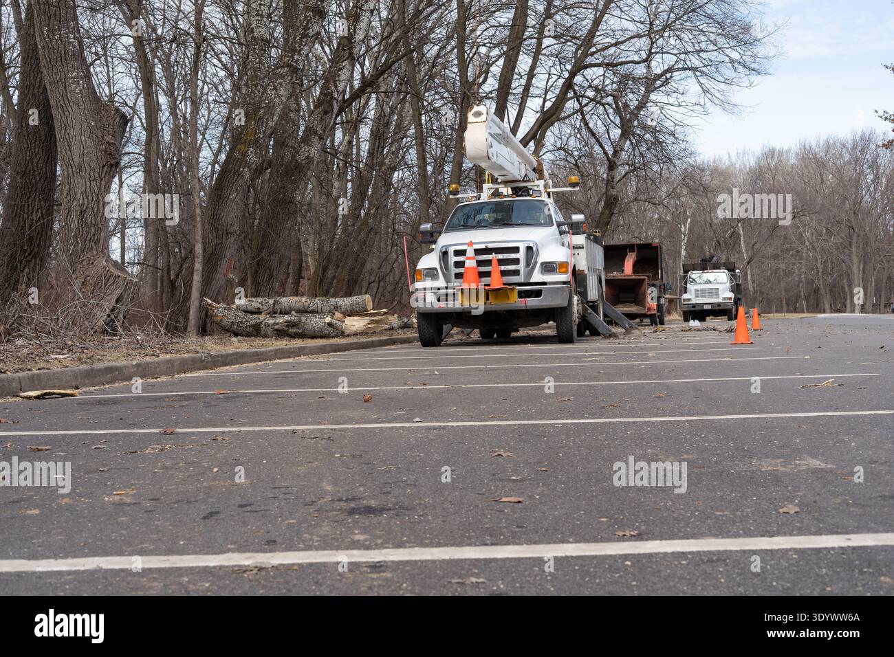 Chicago, Illinois États-Unis – les employés municipaux taillent et enlevent des branches d'arbres avec des camions utilitaires et une déchiqueteuse à bois pendant les travaux d'entretien dans un parc public Banque D'Images