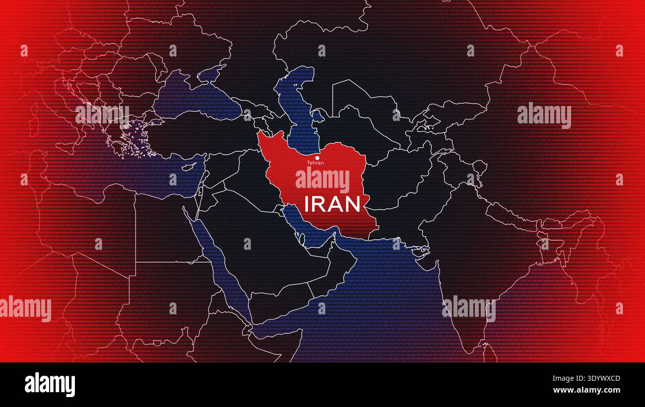 Carte du conflit montrant l'Iran en rouge sur fond moyen-Orient Banque D'Images