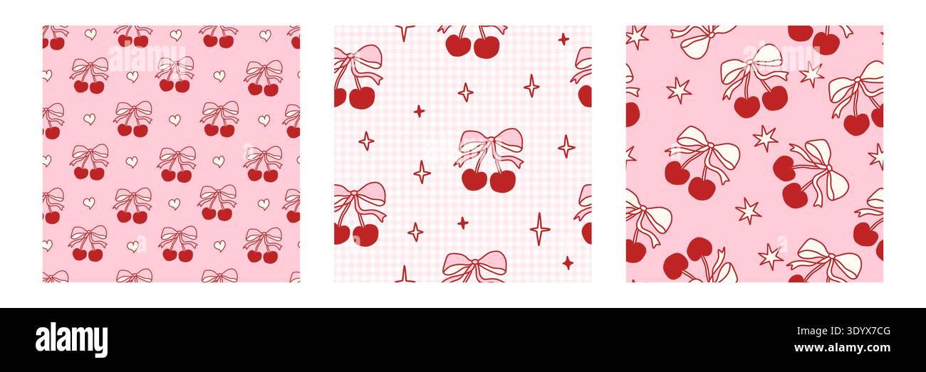 Ensemble de motifs de cerise sans couture avec des noeuds roses et des rubans. Mignon design de coquette avec des fruits frais, des détails de dentelle romantique, et une esthétique girly vintage pour le tissu ou le papier peint. Illustration de Vecteur