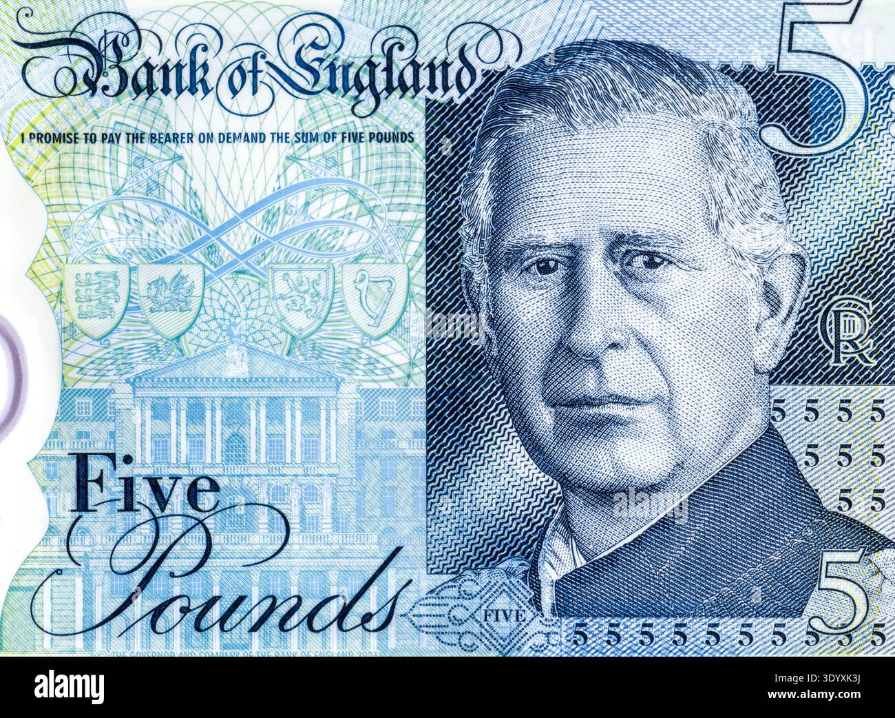 Angleterre Roi Charles III Portrait de l'anglais cinq livres sterling billet de banque, gros plan Banque D'Images