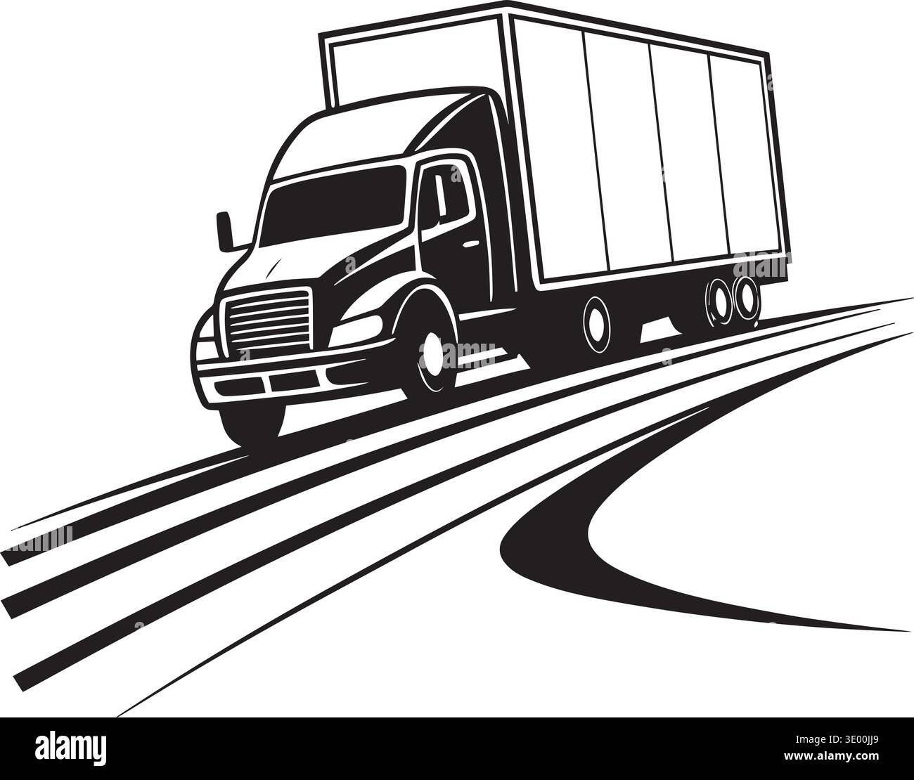 Silhouette vectorielle noire et blanche d'un camion de boîte conduisant sur une route autoroutière courbe représentant le transport de marchandises et la logistique Illustration de Vecteur