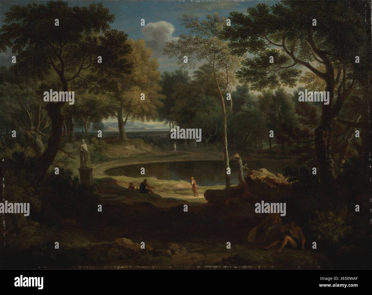 Cette peinture à l'huile du XVIIe siècle, « paysage classique », de William Taverner, représente une scène boisée idyllique avec des figures classiques. La composition présente des arbres luxuriants, un chemin sinueux menant à une piscine, des statues subtilement placées et des individus en robe créant une atmosphère sereine et intemporelle. Banque D'Images