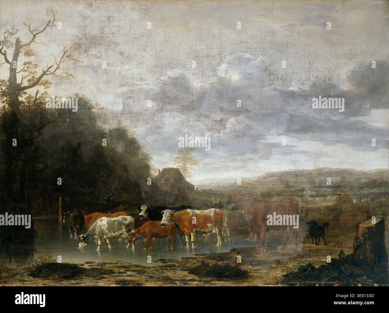 Cette peinture à l'huile du XVIIe siècle, « paysage avec bétail » d'Anthonie van Borssom, représente une scène pastorale sereine. Un troupeau de bovins s'écoule dans un ruisseau tranquille, encadré par une forêt sombre et luxuriante sur la gauche et un ciel vaste et nuageux au-dessus de la tête. Banque D'Images