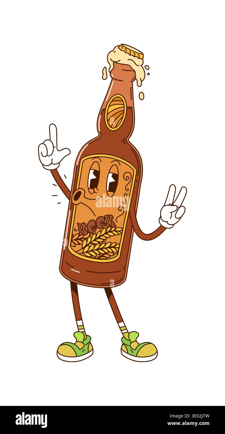 Personnages de boissons de bouteille de bière groovy de dessin animé rétro Illustration de Vecteur