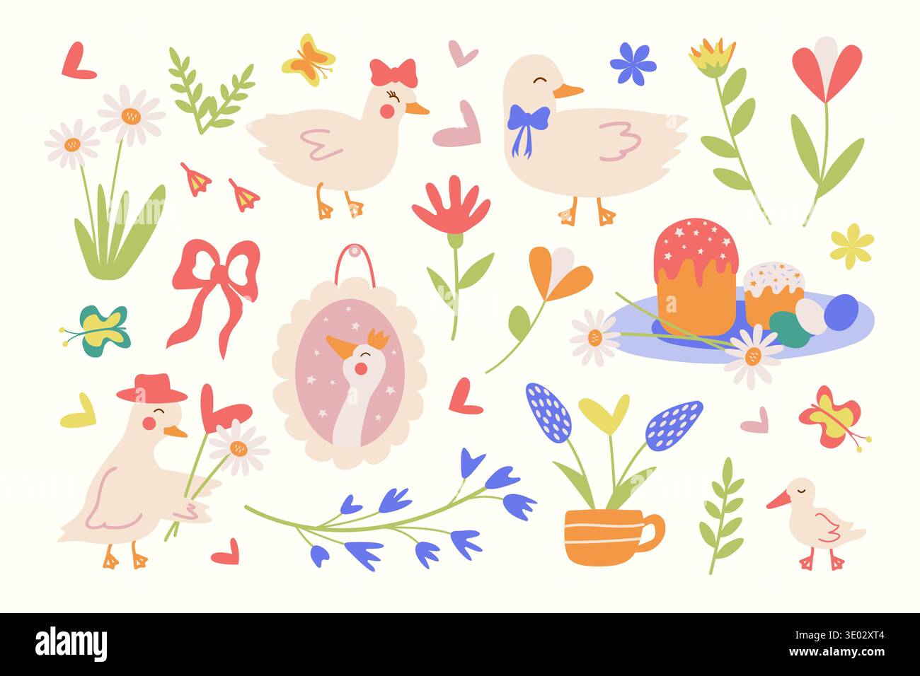 Ensemble d'éléments de Pâques avec des oies mignonnes, un canard, un gâteau de Pâques, des œufs colorés et des fleurs colorées. Éléments de décor printanier festif. Illustration vectorielle dessinée à la main d'animaux de printemps Illustration de Vecteur
