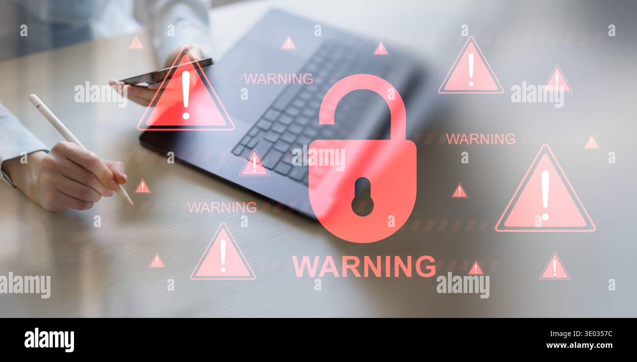 Avertissement de violation critique de cybersécurité avec risques de protection des données. Banque D'Images