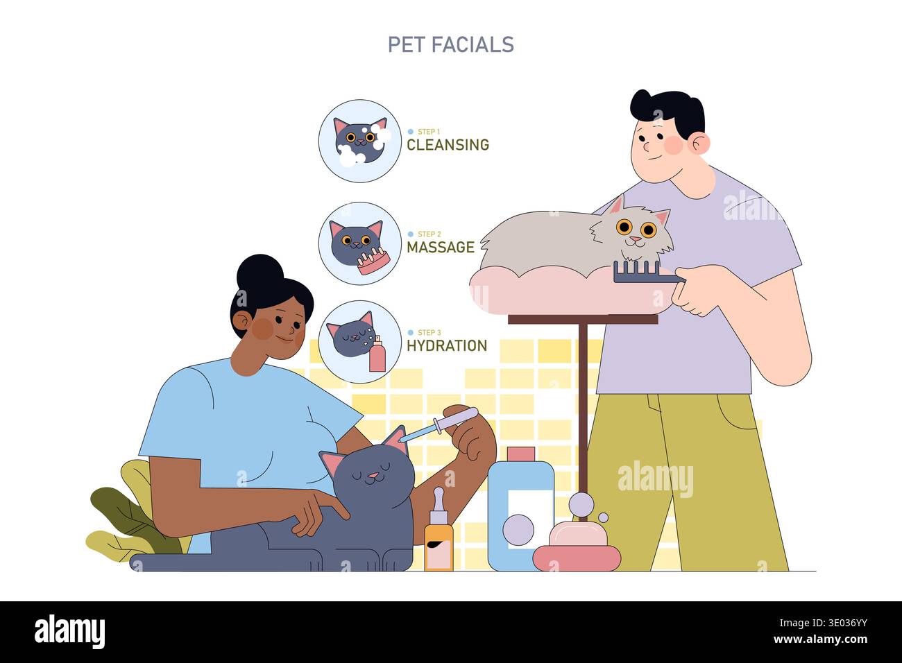 Illustration vectorielle de deux personnes donnant des traitements du visage aux chats, y compris le nettoyage, le massage et l'hydratation. L'image montre un processus étape par étape avec des félins expressifs appréciant le toilettage. Illustration de Vecteur