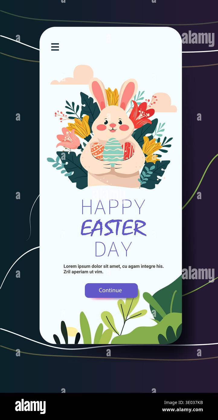 Lapin de Pâques tenant des oeufs décorés fleurs feuillage couleurs pastel modèle d'écran d'application mobile Illustration de Vecteur