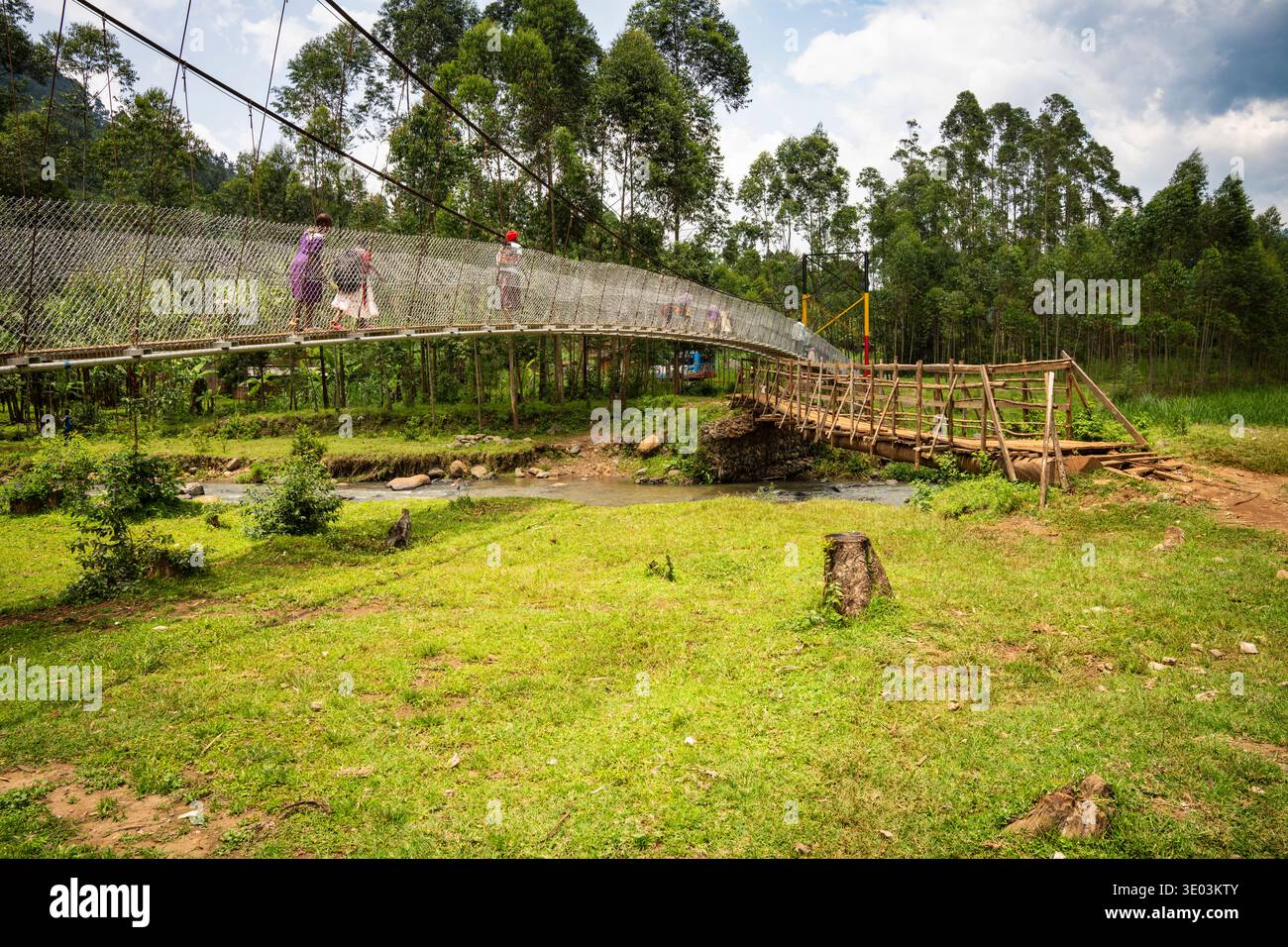 Un pont de corde moderne remplace une ancienne passerelle inférieure en bois sur la rivière Manafura près de Bulucheke, Mt Elgon, Ouganda Banque D'Images