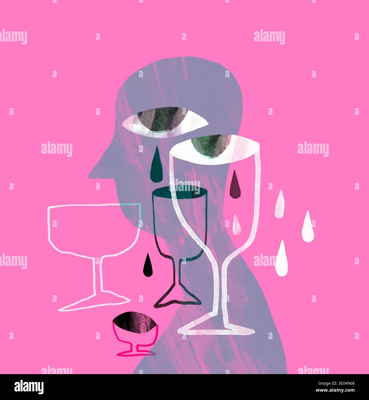 Illustration abstraite avec des lunettes et des yeux se chevauchant, sur fond rose. Symbolise l'émotion et l'expression humaines, avec d en forme de larme Banque D'Images