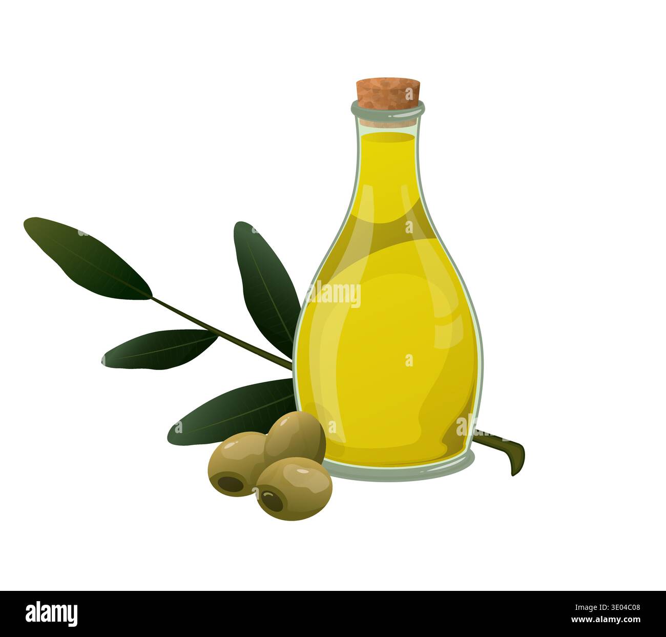 Bouteille classique en verre à l'huile d'olive, accompagnée d'olives vertes et d'une branche de feuilles, symbolisant la cuisine naturelle et méditerranéenne Illustration de Vecteur