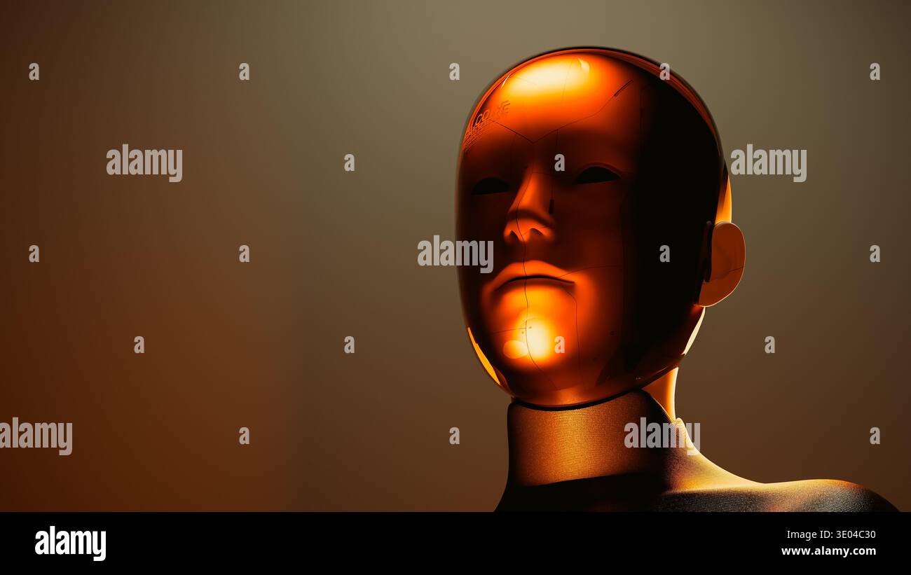 Un robot humanoïde se tient dans un studio avec une lumière chaude. Le robot a un visage lisse et affiche les caractéristiques de la technologie de l'intelligence artificielle. Banque D'Images