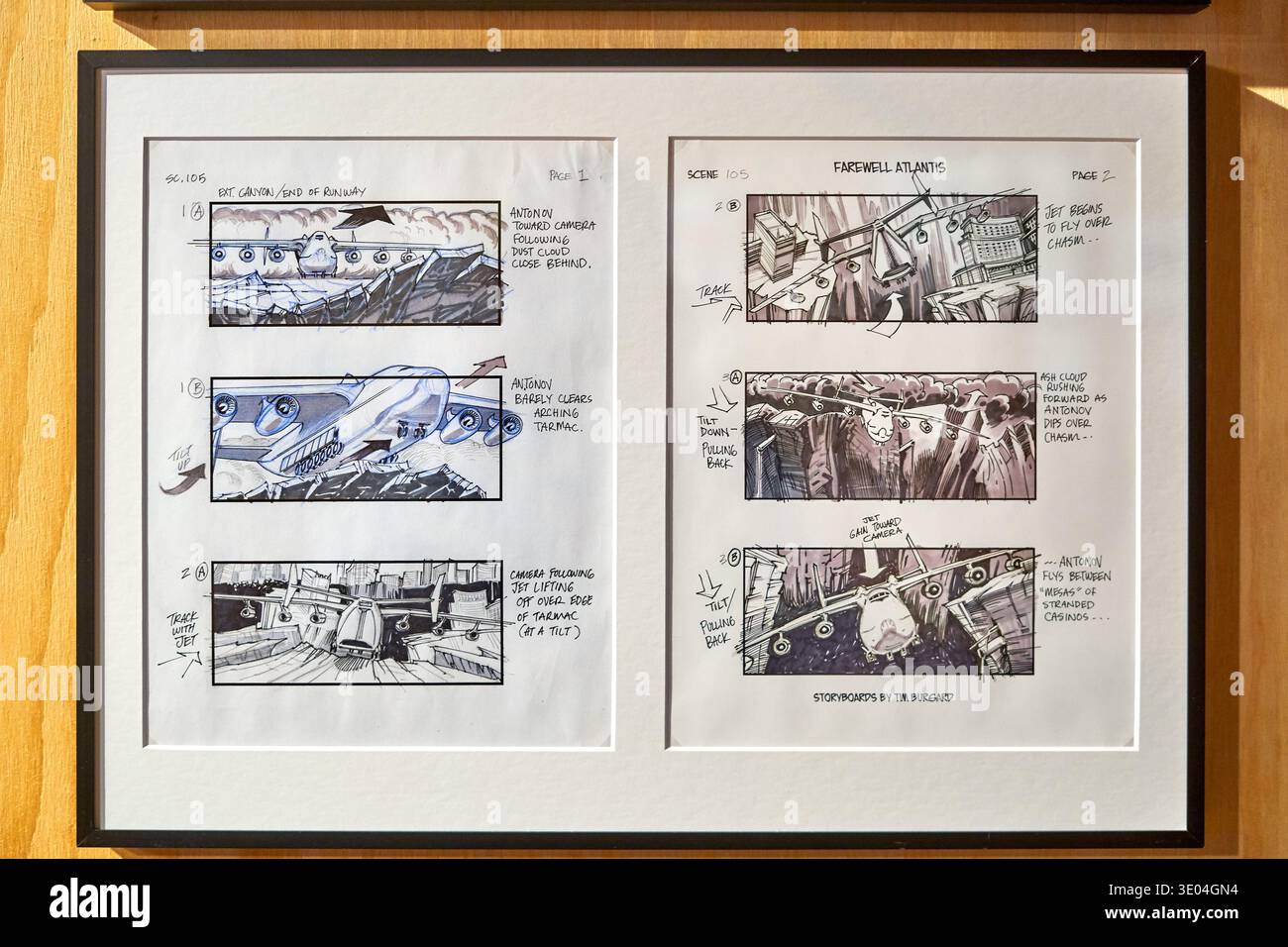 Illustration originale encadrée de storyboard par Tim Burgard pour scène 105 intitulée 'Farewell Atlantis' d'un film majeur, affiché sur un bois clair .. Banque D'Images