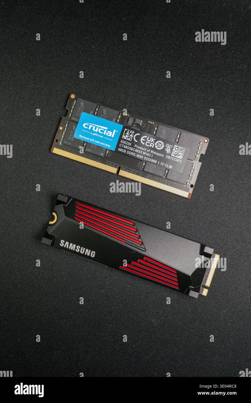 Gros plan d'un module mémoire SODIMM DDR5 crucial et d'un disque SSD NVMe Samsung, présentant les composants matériels de l'ordinateur. Banque D'Images