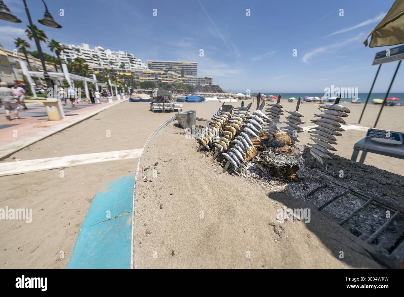 Des sardines fraîches grillées sur des brochettes en bois au feu ouvert au bord de la mer avec des hôtels et des palmiers en arrière-plan. Banque D'Images