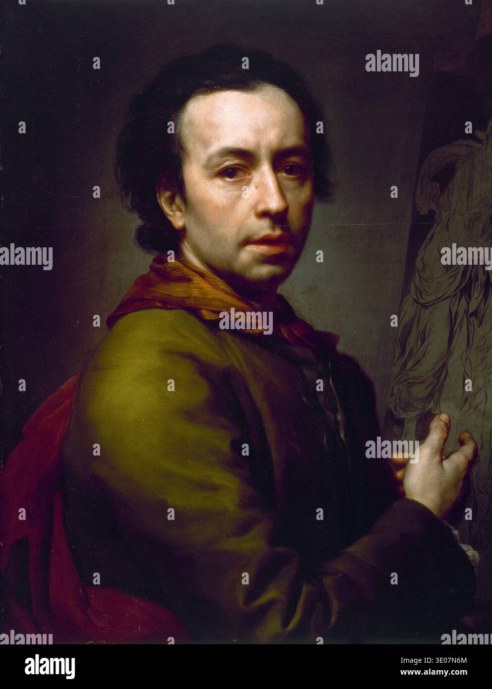 Cet autoportrait des années 1770, peint par Anton Raphael Mengs, met en valeur le célèbre artiste néoclassique regardant directement le spectateur. Mengs, connu pour son style raffiné et sa rigueur académique, fait allusion à son processus artistique en incluant un croquis d'une figure classique sur un chevalet derrière lui. Cette peinture à l'huile capture l'intellect et la solennité caractéristiques de son travail à la fin du XVIIIe siècle. Banque D'Images