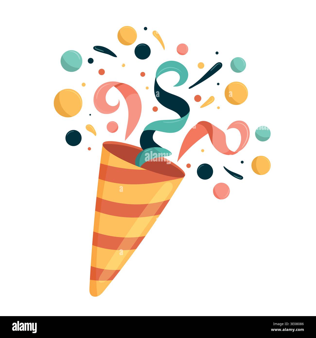 Popper Party coloré avec explosion de confettis. Illustration vectorielle plate festive d'un cracker de célébration rayé éclatant de banderoles lumineuses Illustration de Vecteur