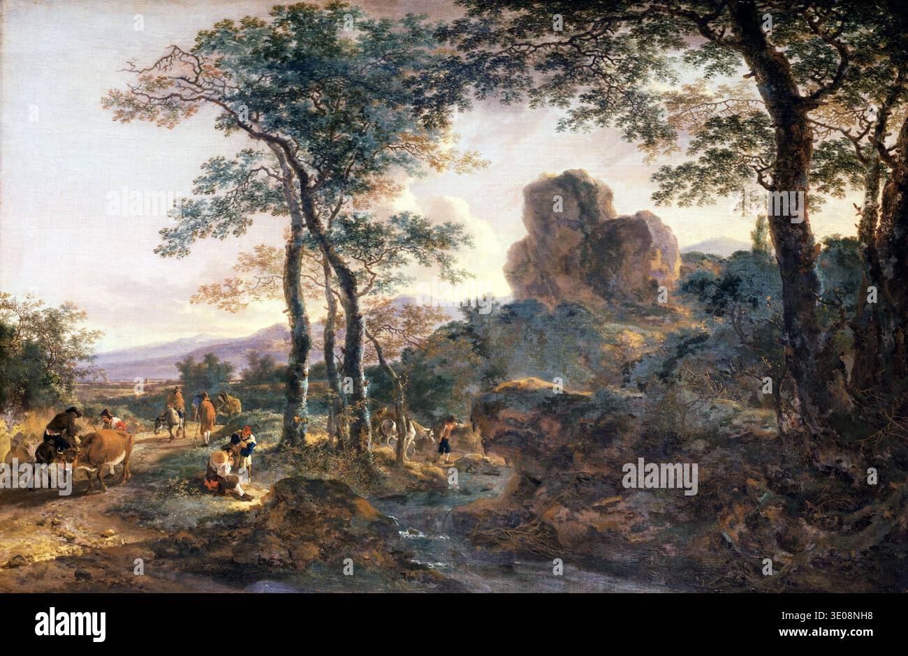 Cette peinture à l'huile sur toile du XVIIe siècle, intitulée « A Mountain Path », de Jan Both, représente des voyageurs et leurs animaux naviguant sur un chemin pittoresque bordé d'arbres à travers un paysage montagneux. L'œuvre hollandaise de l'âge d'or met en valeur une atmosphère sereine avec une lumière chaude et naturelle illuminant la scène. Banque D'Images