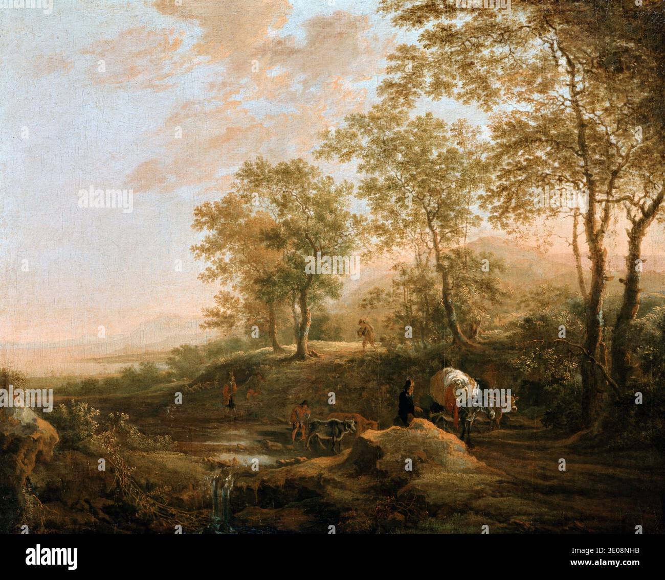 Cette peinture à l'huile du XVIIe siècle de Jan Both, intitulée « Banks of a Brook », représente un paysage naturel serein avec des voyageurs et des animaux le long d'un chemin sinueux. L'œuvre hollandaise de l'âge d'or illustre la maîtrise de la perspective atmosphérique et de la lumière chaude et dorée. Banque D'Images