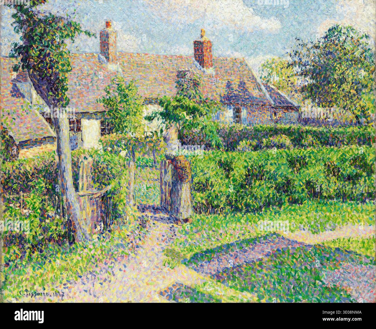 Cette peinture à l'huile de Camille Pissarro de 1887, intitulée « maisons paysannes, Éragny », dépeint une scène rurale vibrante dans la campagne française. Rendue dans un style pointilliste, la composition présente des maisons traditionnelles nichées au milieu d'une végétation luxuriante, avec une figure visible près d'une porte ou d'un chemin, mettant en valeur une lumière et une atmosphère sereines. Banque D'Images