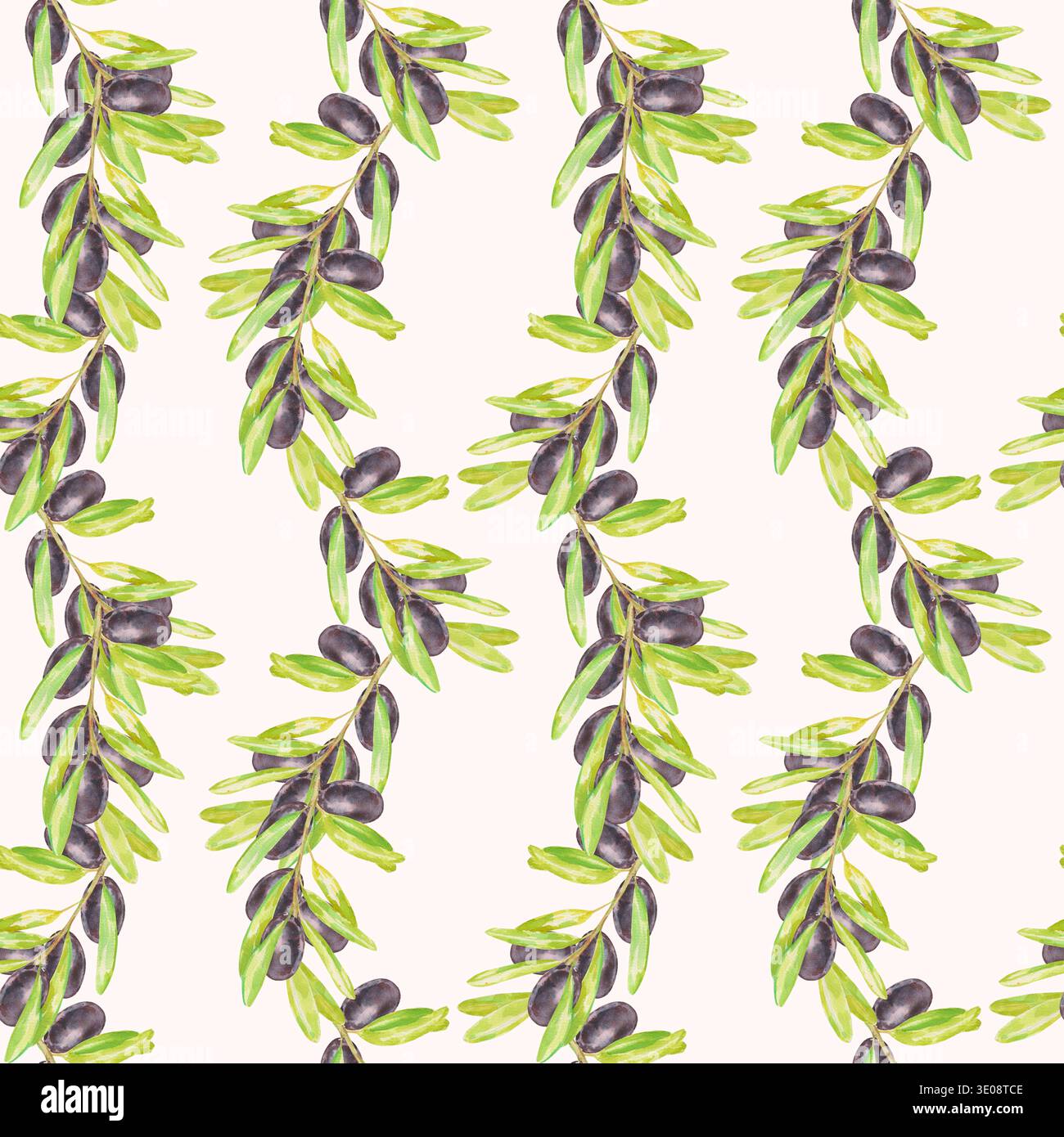 Motif aquarelle sans couture avec branches d'oliviers avec olives noires et feuilles vertes sur blanc. Parfait pour les emballages alimentaires méditerranéens, l'huile d'olive Banque D'Images