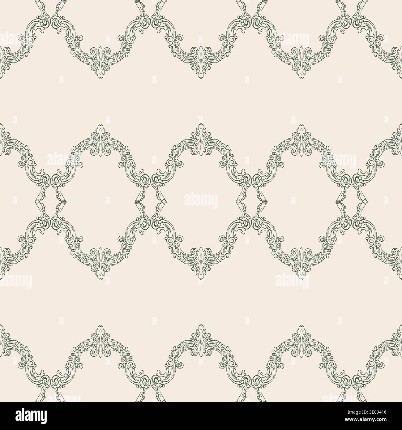 Modèle sans couture dans le style baroque vintage. Design victorien classique dessiné à la main. Un fond fantaisiste pour les invitations de mariage, l'emballage cadeau, les matériaux d'emballage, le tissu et le papier peint. Illustration vectorielle verte. Illustration de Vecteur