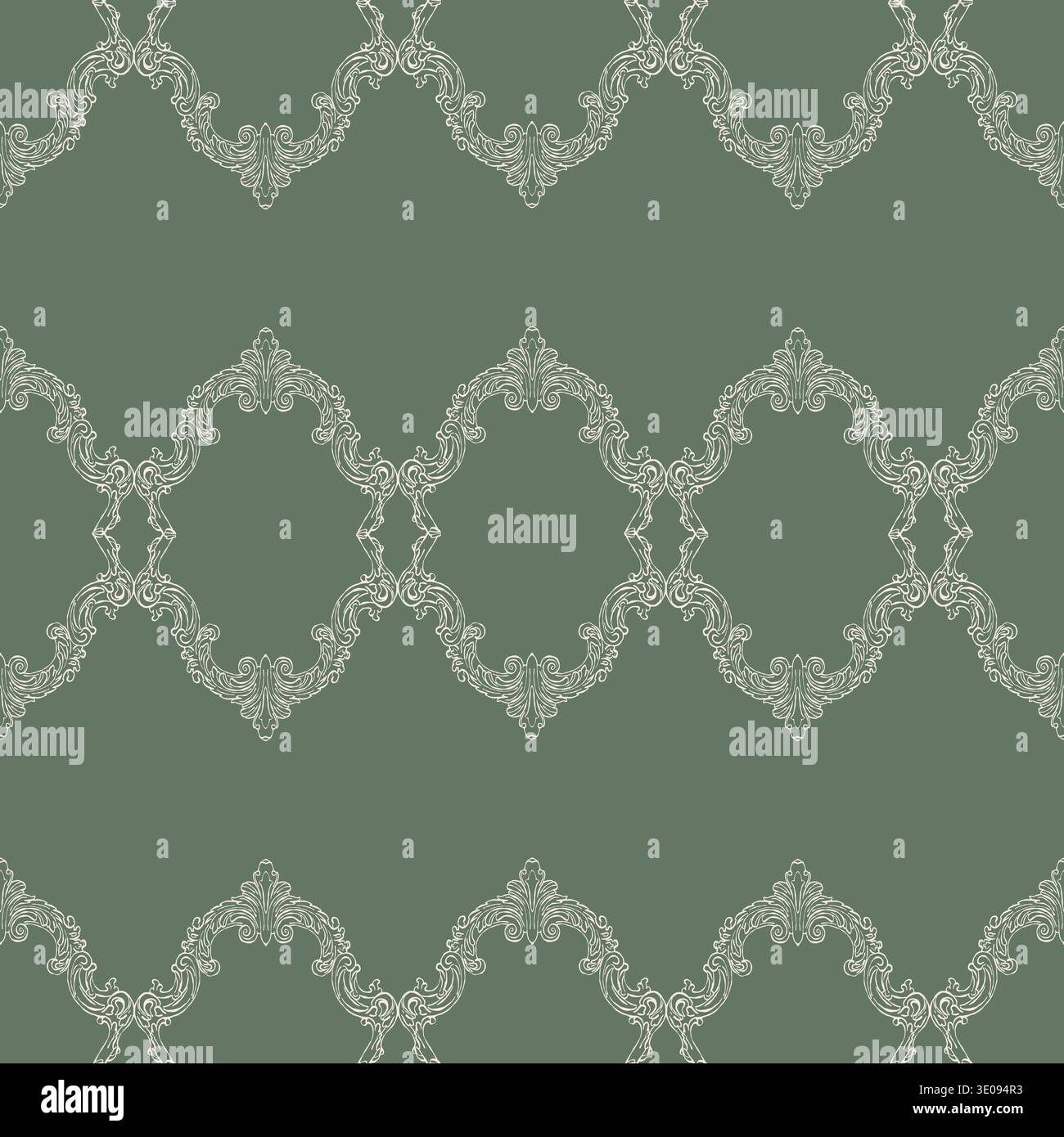 Modèle sans couture dans le style baroque vintage. Design victorien classique dessiné à la main. Un fond fantaisiste pour les invitations de mariage, l'emballage cadeau, les matériaux d'emballage, le tissu et le papier peint. Illustration vectorielle verte. Illustration de Vecteur